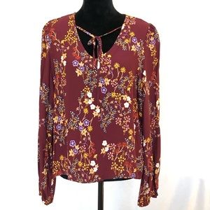 Love, fire maroon floral V-neck blouse w/ ties